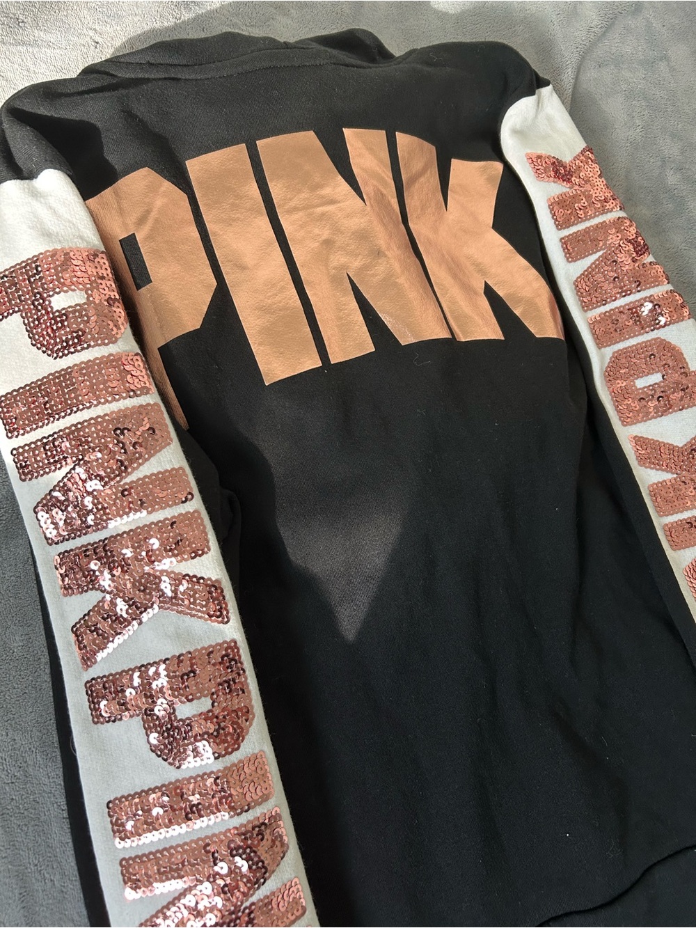 PINK Victoria's Secret Black Hoodie with Rose Gold Logo and Sequin Sleeves